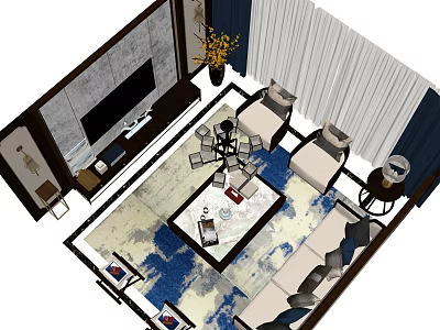 Modern Sofa Coffee Table Combination In Living Room Interior With Area Rug And TV Unit 3d model