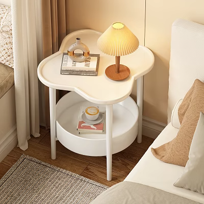 White Petal Shaped Two Tier Bedside Table With Lamp Magazine And Coffee Cup 3d model
