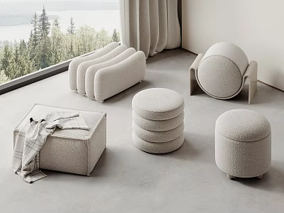Elegant Modern Interior With Stackable Round And Square Storage Stools By Window Nature View 3d model