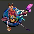 Colorful Haired Character In Blue Dress With Purple Pink Creature On Checkered Ball