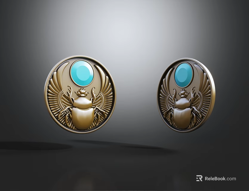 Golden Circular Wall Decor With Blue Gemstone And Scarab Wing Patterns 3d model 