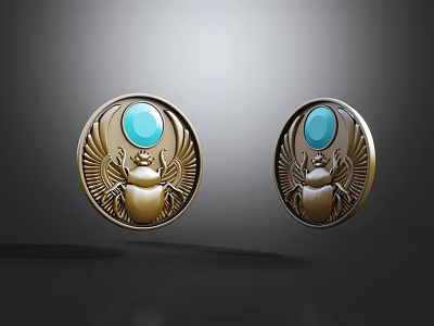 Golden Circular Wall Decor With Blue Gemstone And Scarab Wing Patterns 3d model