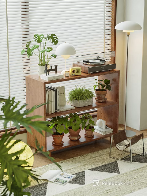 Wooden Shelving Unit With Potted Plants Books Table Lamp And Record Player In Living Room 3d model 