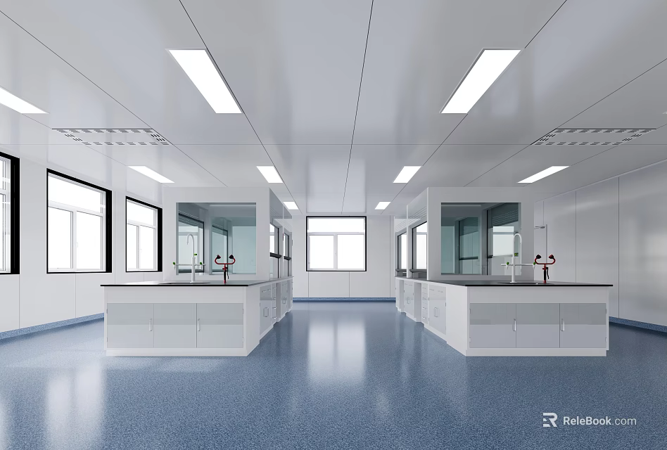 Modern Laboratory Interior With White Ceiling Linear LED Lights Lab Benches Blue Flooring Glass Partitions 3d model 