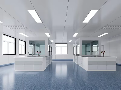 Modern Laboratory Interior With White Ceiling Linear LED Lights Lab Benches Blue Flooring Glass Partitions 3d model