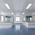 Modern Laboratory Interior With White Ceiling Linear LED Lights Lab Benches Blue Flooring Glass Partitions