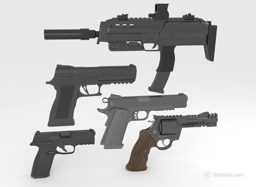Various Modern Firearms Including Pistols Rifles And Revolvers With Different Designs 3d model 