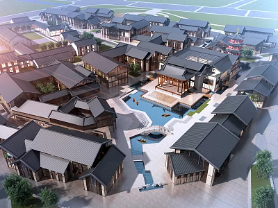 Traditional Commercial Street Showcasing Chinese Architecture Black Tile Roofs Courtyard And Stone Bridge 3d model