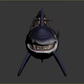 Cartoon Character Riding Blue Shark With Red Stripes And White Eyes
