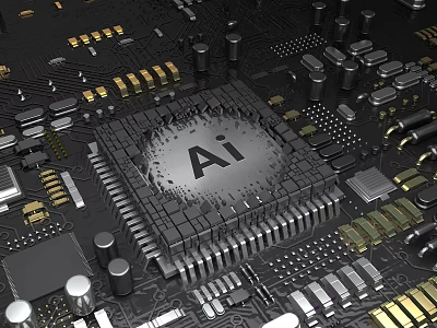 High Tech AI Computer Chip On Circuit Board With Electronic Components 3d model