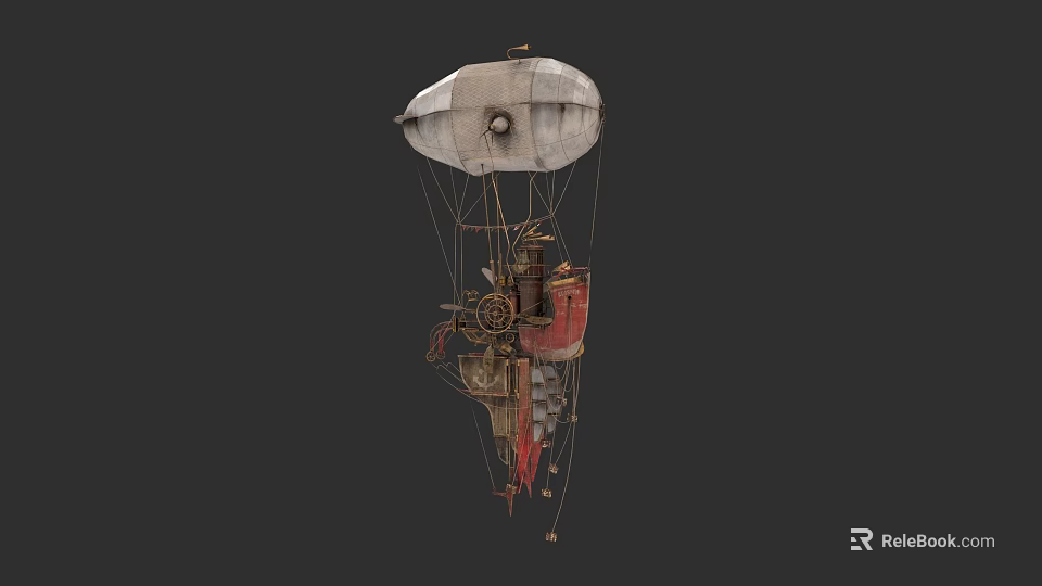 Steampunk Airship With Vintage Mechanical Structure Red Cabin And White Envelope 3d model 