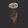 Steampunk Airship With Vintage Mechanical Structure Red Cabin And White Envelope