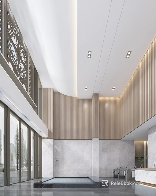 Modern Hotel Lobby Interior With Wooden Wall Panels Recessed Lighting And Marble Floor 3d model 