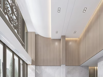 Modern Hotel Lobby Interior With Wooden Wall Panels Recessed Lighting And Marble Floor 3d model