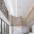 Modern Hotel Lobby Interior With Wooden Wall Panels Recessed Lighting And Marble Floor