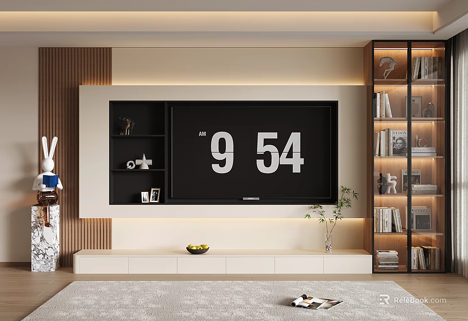Modern TV Wall Design With Wooden Accents Bookshelves And Decorative Elements 3d model 