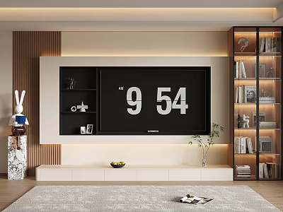 Modern TV Wall Design With Wooden Accents Bookshelves And Decorative Elements 3d model