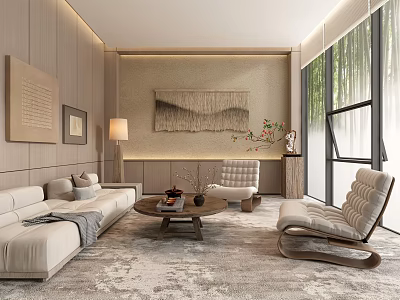 Modern Lounge Area With Beige Sofa Armchairs Coffee Table Wall Art Floor Lamp Green Plants 3d model