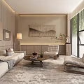 Modern Lounge Area With Beige Sofa Armchairs Coffee Table Wall Art Floor Lamp Green Plants