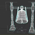 Ancient Bronze Bell Hanging On Wooden Stand With Carved Legs And Chains