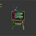Vintage Green Television With Antenna And Colorful Static Screen On Rusty Stand