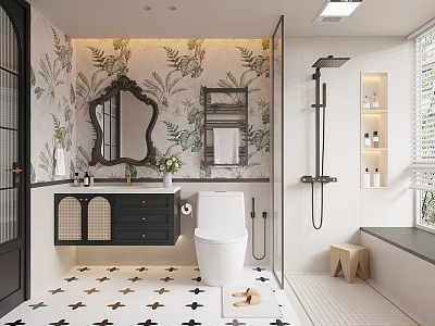 Stylish Bathroom Interior With Floral Wallpaper Vintage Mirror Black Vanity And Star Patterned Floor 3d model