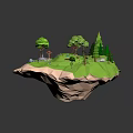 Cartoon Floating Island Scene With Green Meadow Trees Pond Mushroom House Flowers And Small Stones
