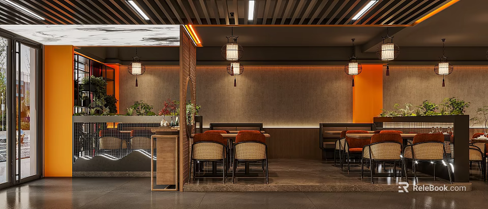 Restaurant Interior Design With Wooden Partition Pendant Lights Orange Rattan Seats And Textured Wall 3d model 
