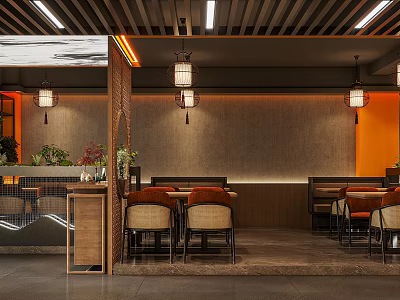 Restaurant Interior Design With Wooden Partition Pendant Lights Orange Rattan Seats And Textured Wall 3d model