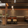 Restaurant Interior Design With Wooden Partition Pendant Lights Orange Rattan Seats And Textured Wall