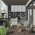 Home Balcony Interior with Wooden Floor Green Plants White Chairs Washing Machine and Storage Cabinets