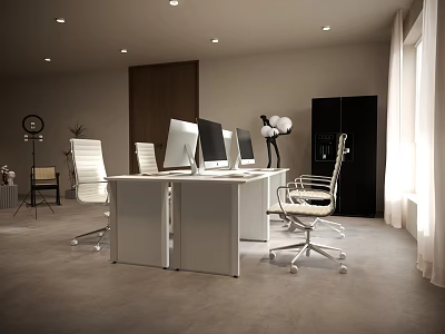 Modern Public Office Space Interior With Workstations Computers Ergonomic Chairs And Natural Light 3d model