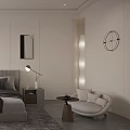 Modern Bedroom with Gray Bed Nightstands Table Lamps Wall Art Gray Rug and Window Plant