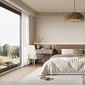 Modern Bedroom Interior With Large Window Scenic View Woven Pendant Light And Wooden Floor Rug