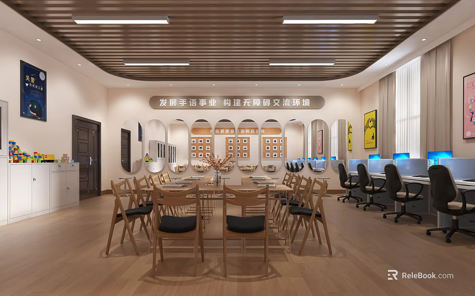 Bilingual School Sunlit Learning Space With Tables Chairs Computers And Cultural Elegance 3d model 