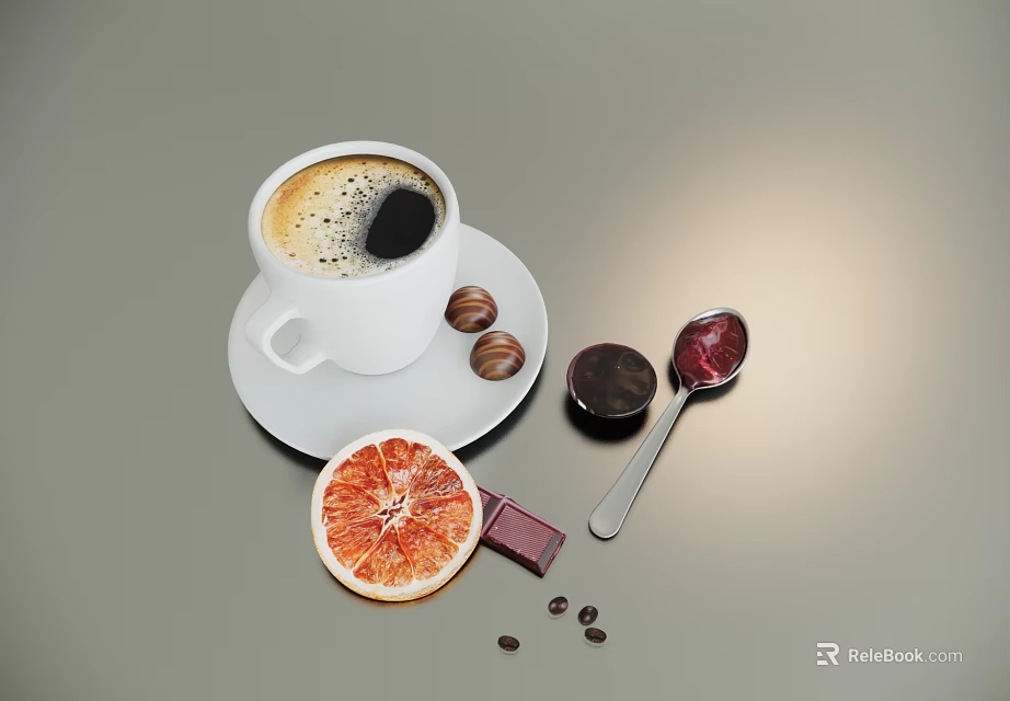 Brewed Coffee Drink With Coffee Beans Grapefruit Slice Chocolate Truffles Bar And Spoons With Spreads 3d model 