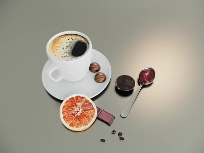 Brewed Coffee Drink With Coffee Beans Grapefruit Slice Chocolate Truffles Bar And Spoons With Spreads 3d model