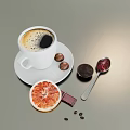 Brewed Coffee Drink With Coffee Beans Grapefruit Slice Chocolate Truffles Bar And Spoons With Spreads