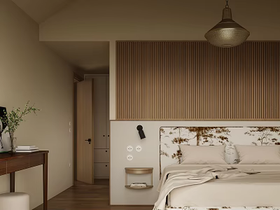 Minimalist Modern Bedroom With Wooden Wall Headboard Pendant Light Desk And Plants 3d model