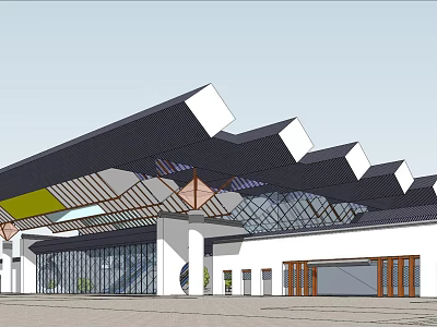 Modern Architectural Exterior With Geometric Roof Design Glass Curtain Wall And White Facade 3d model