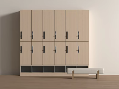 Light Wood Modern Wardrobe With Multiple Doors Storage Compartments And Bench 3d model