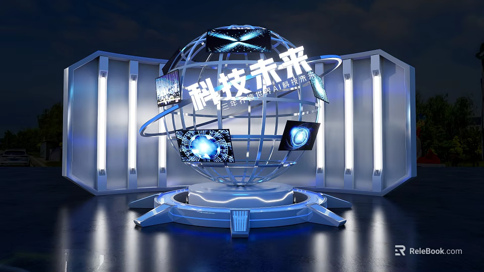 Futuristic Technology Themed Photo Spot With Spherical Installation And Blue Illuminated Screens 3d model 