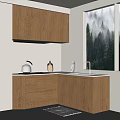 Modern Kitchen With Wooden Cabinets Window Forest View Sink And Kettle 3d model