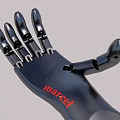 Man with Black Robotic Arm Featuring Red Marcel Branding and Modern Design