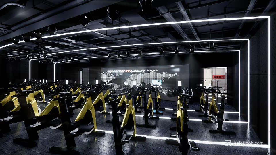 Modern Fitness Gym Interior With Bright Lighting And Yellow Black Spin Bikes 3d model 