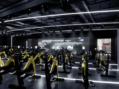 Modern Fitness Gym Interior With Bright Lighting And Yellow Black Spin Bikes 3d model