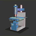 Blue And White Industrial Machine With Worktable And Mechanical Parts On Black Base