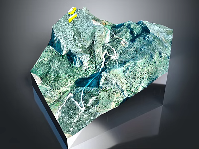 3D Terrain Model of Mountainous Landscape With River Roads and Yellow Marker 3d model