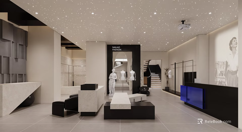 Stylish Modern Clothing Store Interior Design With Starry Ceiling Display Mannequins And Spacious Lounge Areas 3d model 