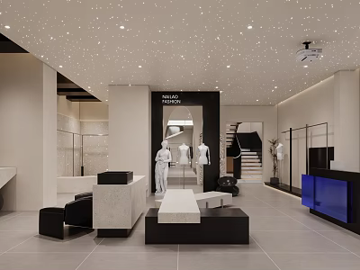 Stylish Modern Clothing Store Interior Design With Starry Ceiling Display Mannequins And Spacious Lounge Areas 3d model